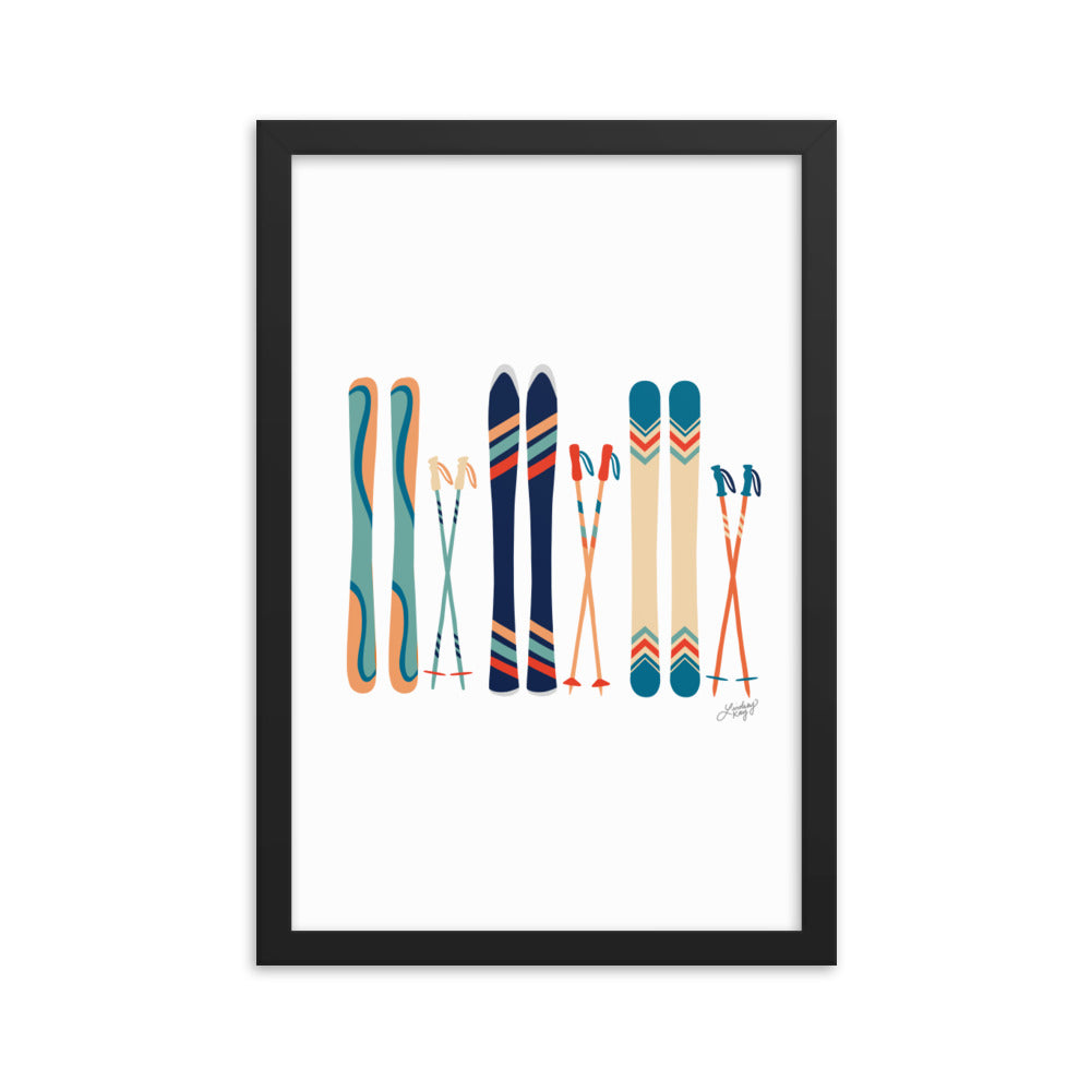 Ilustración de esquí (paleta verde azulado/naranja) - Lámina enmarcada
